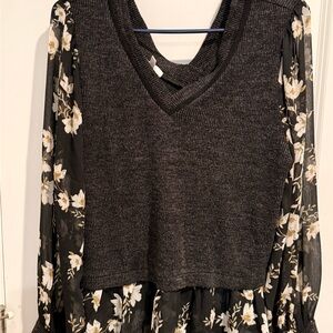 Maurices Black Floral Blouse with Sheer Sleeves